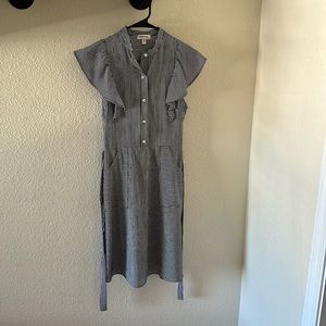 Blue white strip dress, front or back tie, waist synching, button front